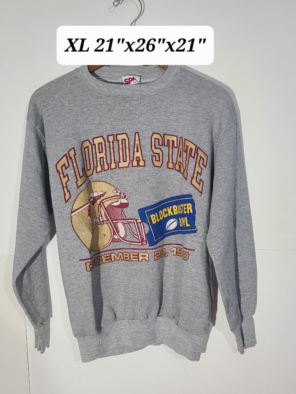 Vtg 1990 Florida State Seminoles Blockbuster Bowl Gray Distressed XL Sweatshirt